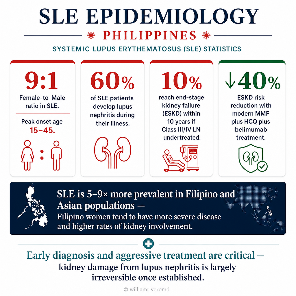 SLE in the Philippines — epidemiology: 9:1 female-to-male ratio, 60% of SLE patients develop lupus nephritis, 10% reach ESKD if Class III/IV undertreated, 40% ESKD reduction with modern MMF+HCQ+belimumab; SLE 5–9× more prevalent in Filipino/Asian populations