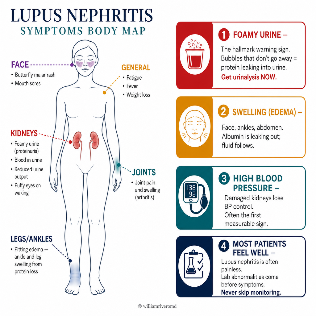 Lupus nephritis symptoms: foamy urine (proteinuria) and hematuria, butterfly malar rash, joint pain and swelling, ankle and leg pitting edema, high blood pressure; key message: most patients feel well — lupus nephritis is often painless and lab abnormalities precede symptoms — never skip monitoring