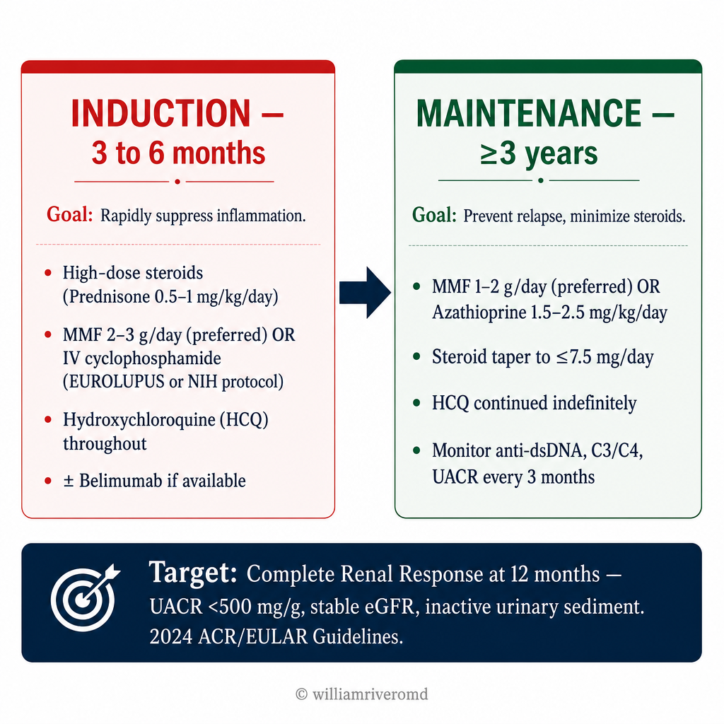 Lupus nephritis treatment protocol — two phases: Induction (3–6 months): high-dose steroids + MMF 2–3 g/day or IV cyclophosphamide + HCQ ± belimumab; → Maintenance (≥3 years): MMF 1–2 g/day or azathioprine, steroid taper to ≤7.5 mg/day, HCQ indefinitely, monitor anti-dsDNA/C3/C4/UACR every 3 months; Target: complete renal response at 12 months. 2024 ACR/EULAR Guidelines.
