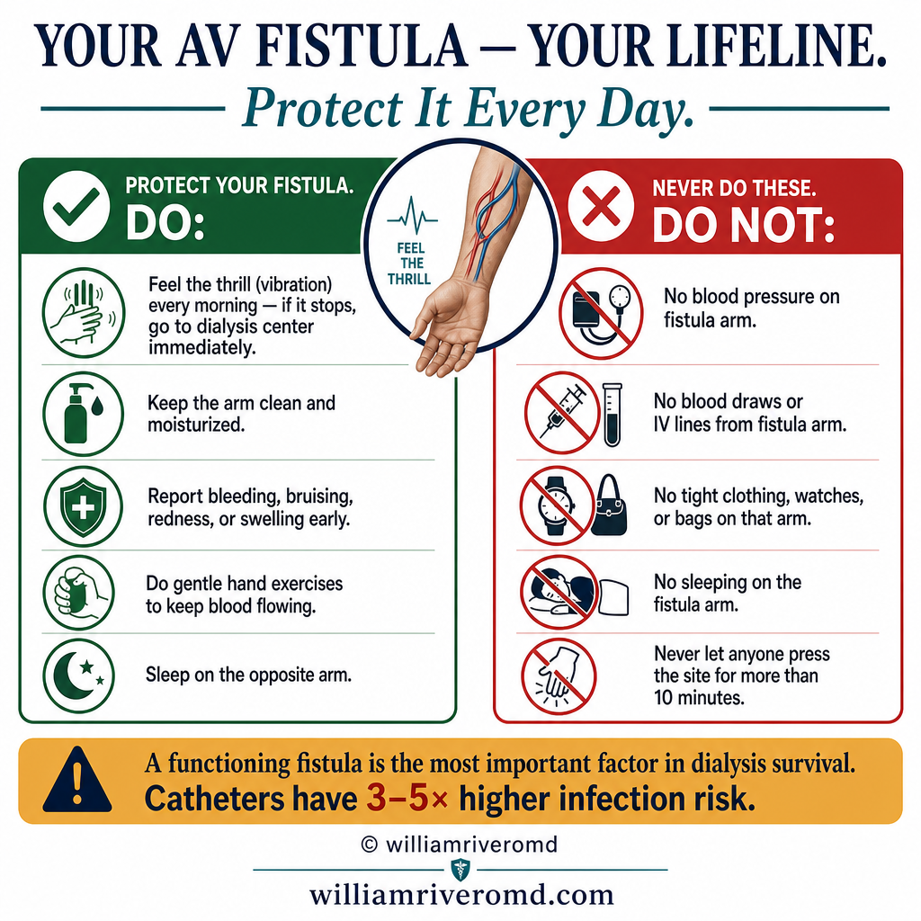 AV fistula care: what to do and never do to protect your dialysis lifeline, daily thrill/bruit check