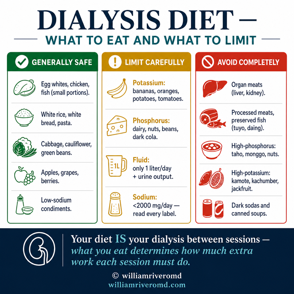 Dialysis diet: safe foods, foods to limit, foods to avoid — potassium, phosphorus, sodium, and protein guidance for HD patients