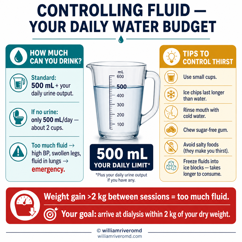 Fluid control for dialysis patients: daily water budget, thirst management tips, interdialytic weight gain targets