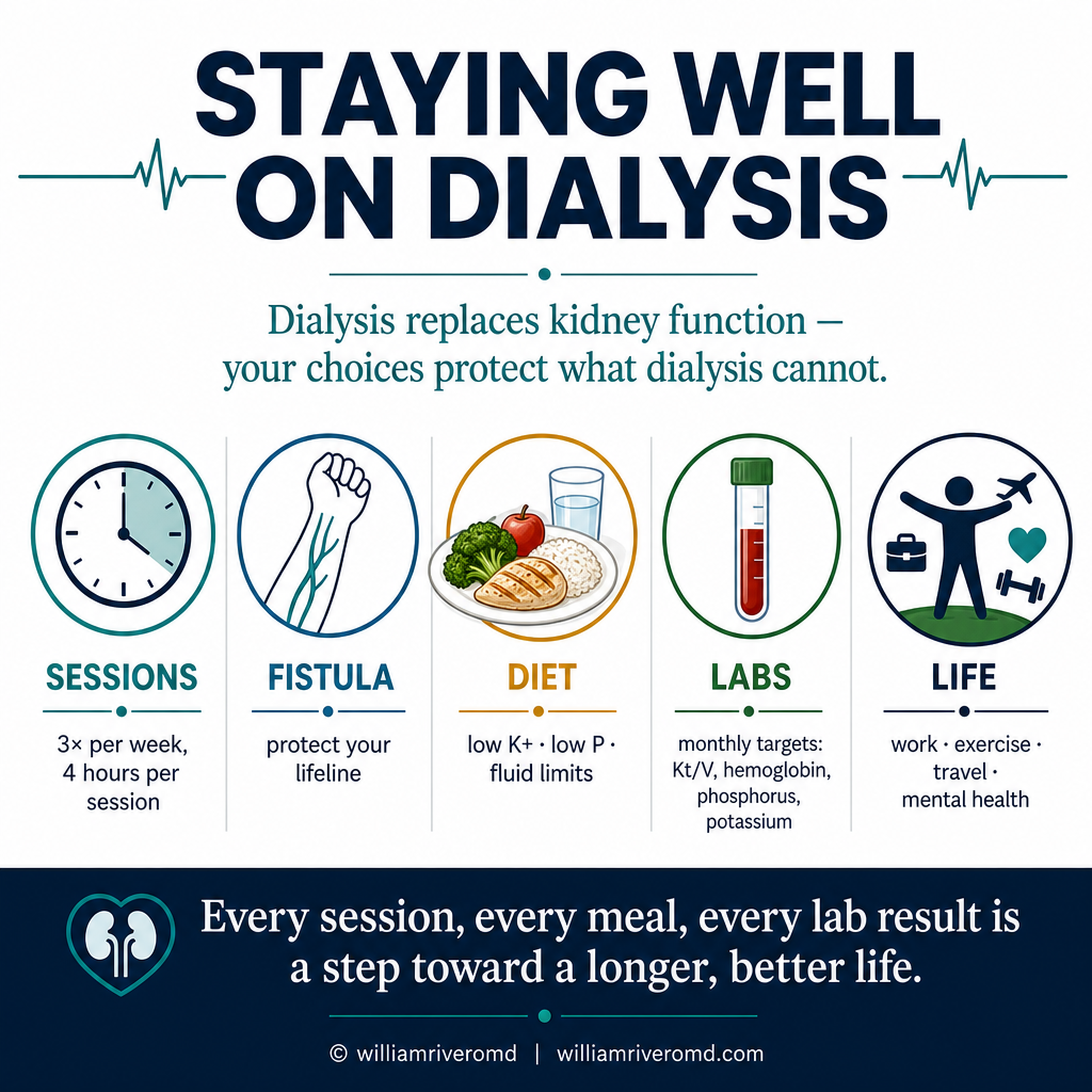 Staying Well on Dialysis — sessions, fistula protection, diet, lab targets, and quality of life for hemodialysis patients