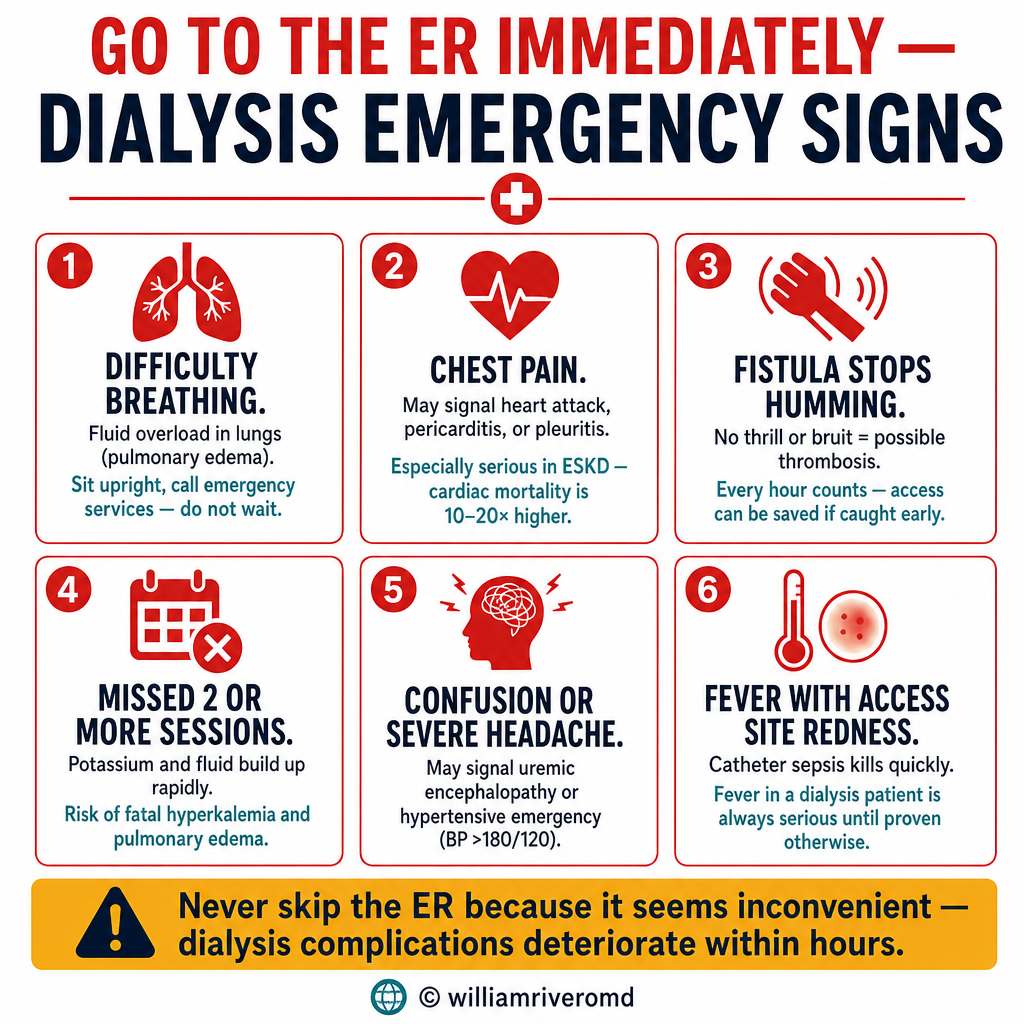 Dialysis emergency warning signs: when to go to the ER immediately — fistula, breathing, cardiac, and infection red flags