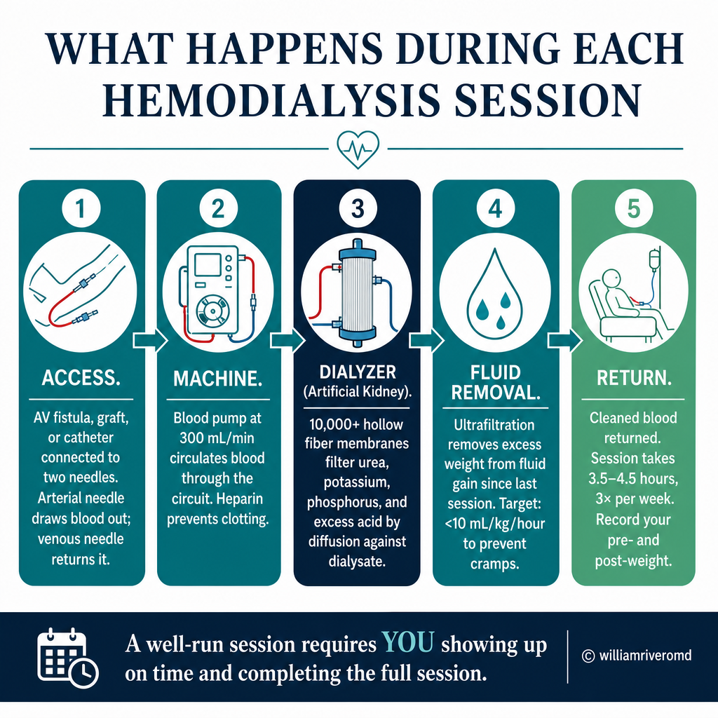 What happens during each hemodialysis session: access → machine → dialyzer → fluid removal → cleaned blood return