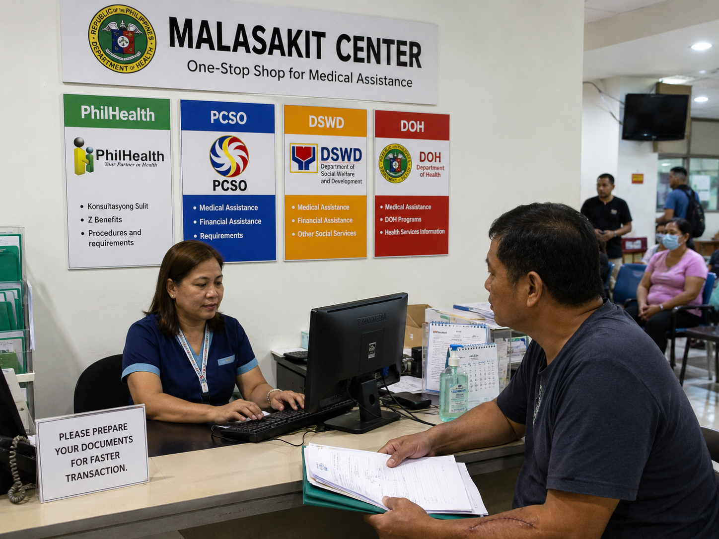 Malasakit Center desk inside a Philippine government hospital showing PhilHealth, PCSO, DSWD, and DOH agency panels on the wall, with a staff member assisting a patient who has a fistula scar on his forearm