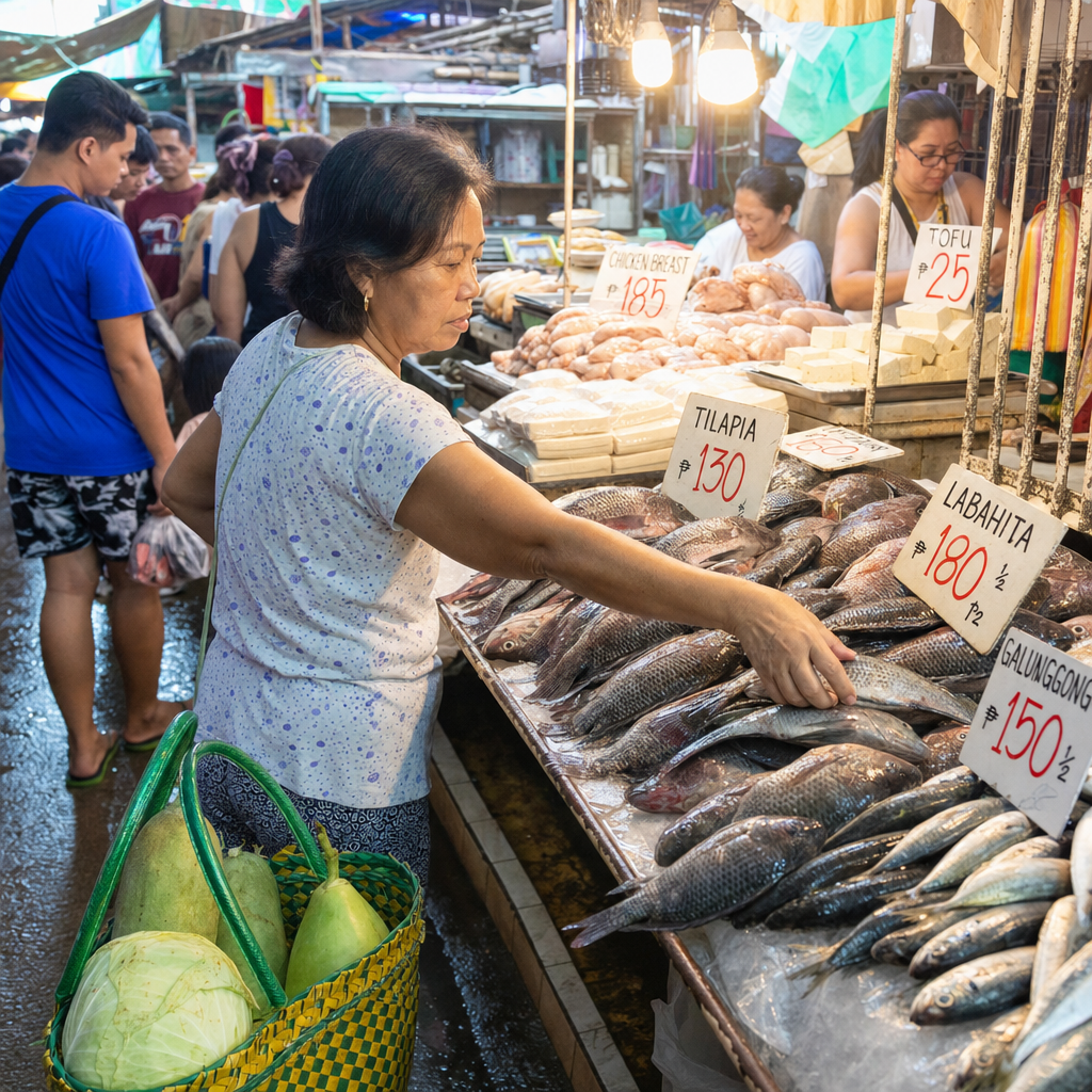 Filipino patient shopping for affordable kidney-safe food at a wet market — tilapia, labahita, and vegetables