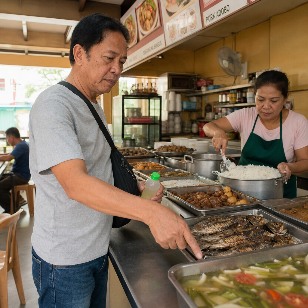 Filipino patient pointing to grilled bangus at a turo-turo counter, holding his own calamansi juice