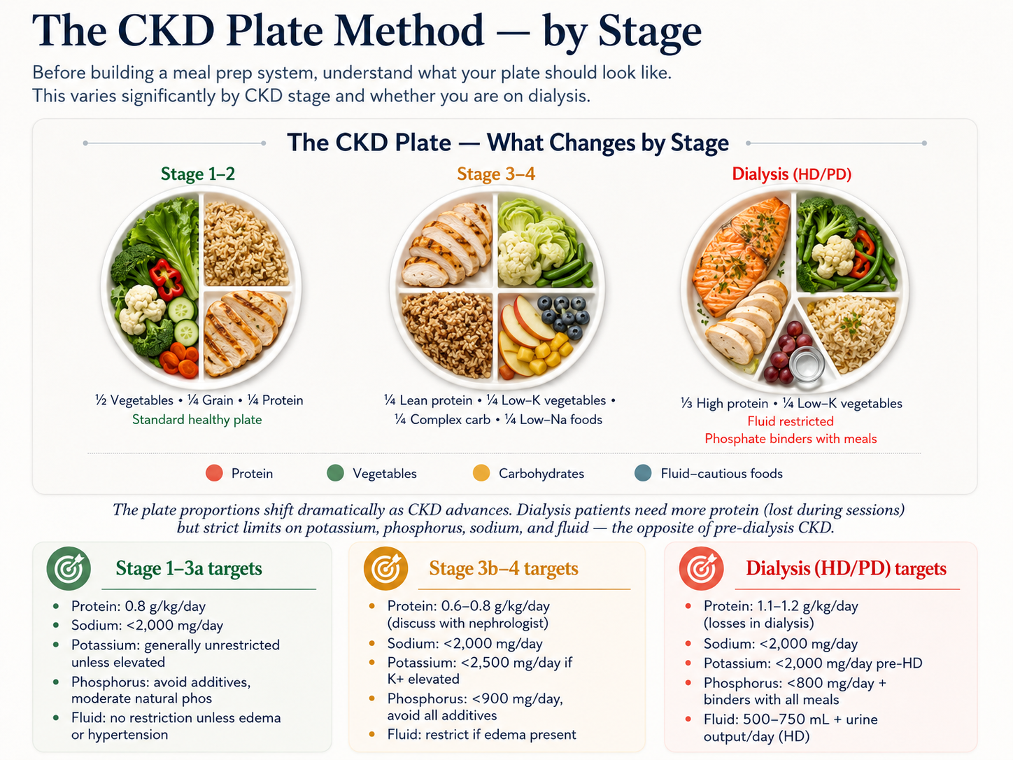 The CKD Plate Method by stage — Stage 1–2: ½ vegetables · ¼ grain · ¼ protein (standard healthy plate). Stage 3–4: ¼ lean protein · ¼ low-K vegetables · ¼ complex carb · ¼ low-Na foods. Dialysis (HD/PD): ⅓ high protein · ¼ low-K vegetables · refined carb · fluid-cautious; phosphate binders with meals. Plus stage-specific daily targets for protein, sodium, potassium, phosphorus, and fluid.
