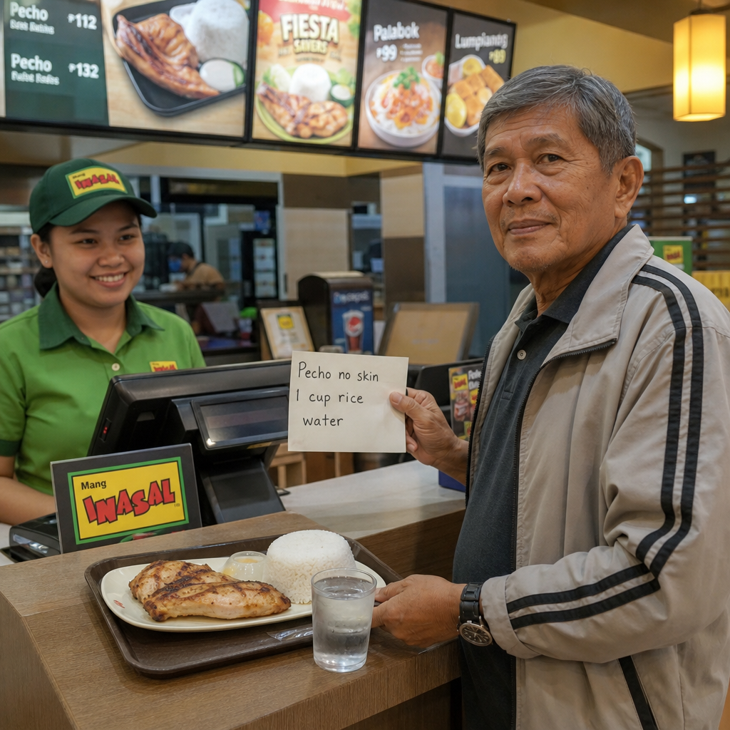 Filipino CKD patient ordering safely at a fast food counter — grilled chicken, plain rice, water