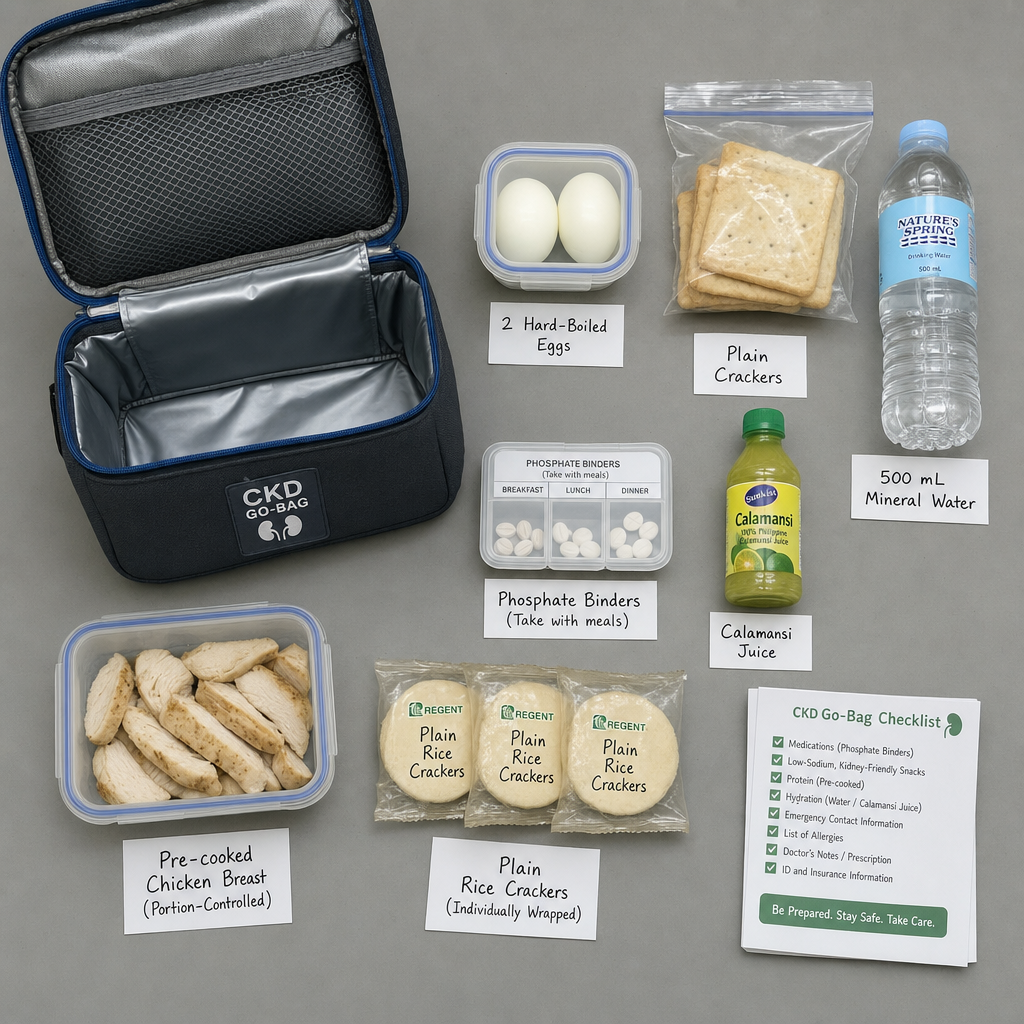 CKD go-bag flat lay: hard-boiled eggs, crackers, water, calamansi juice, portioned chicken, and labeled pill case with phosphate binders