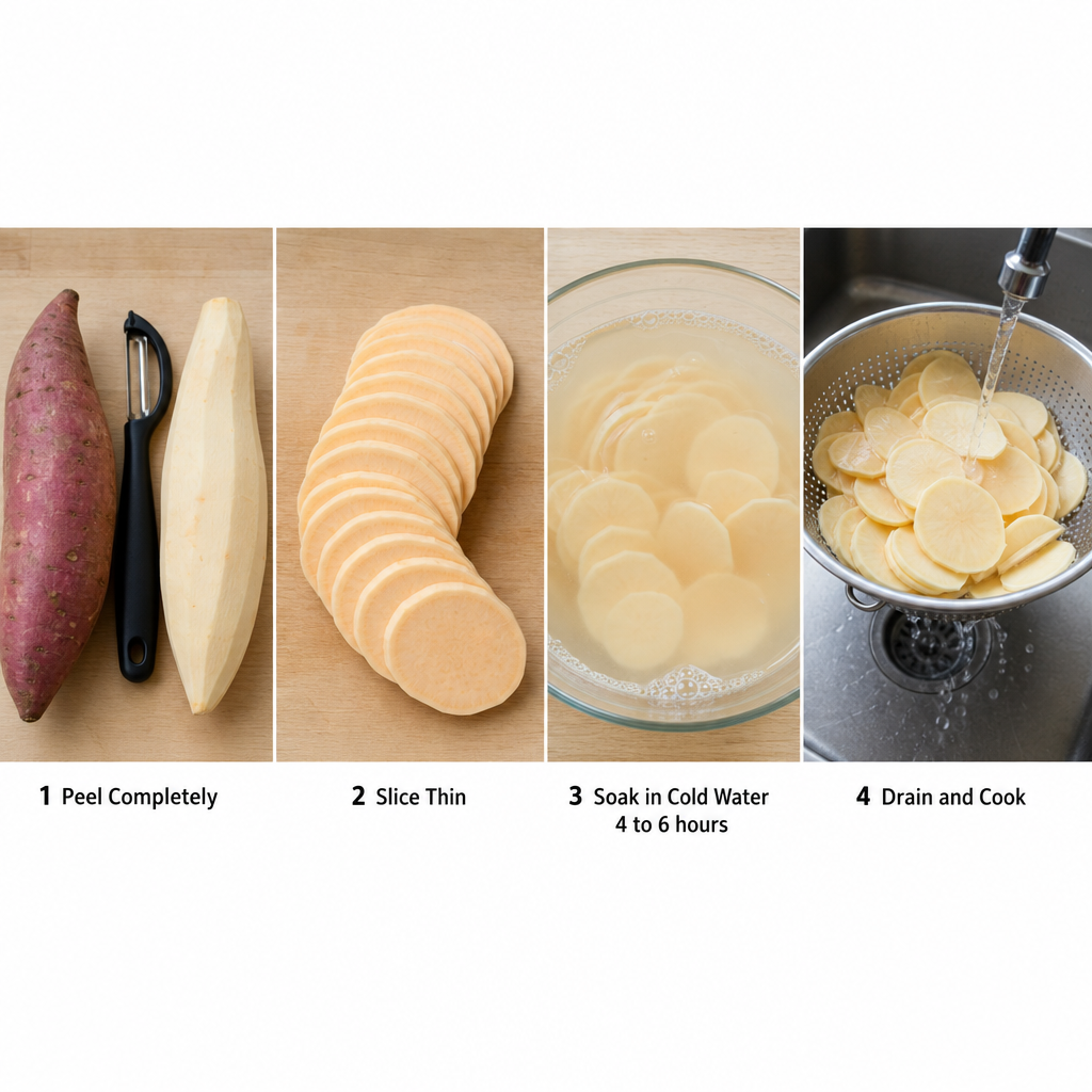 Four-panel leaching technique: peel kamote, slice thin, soak in cold water, drain and cook