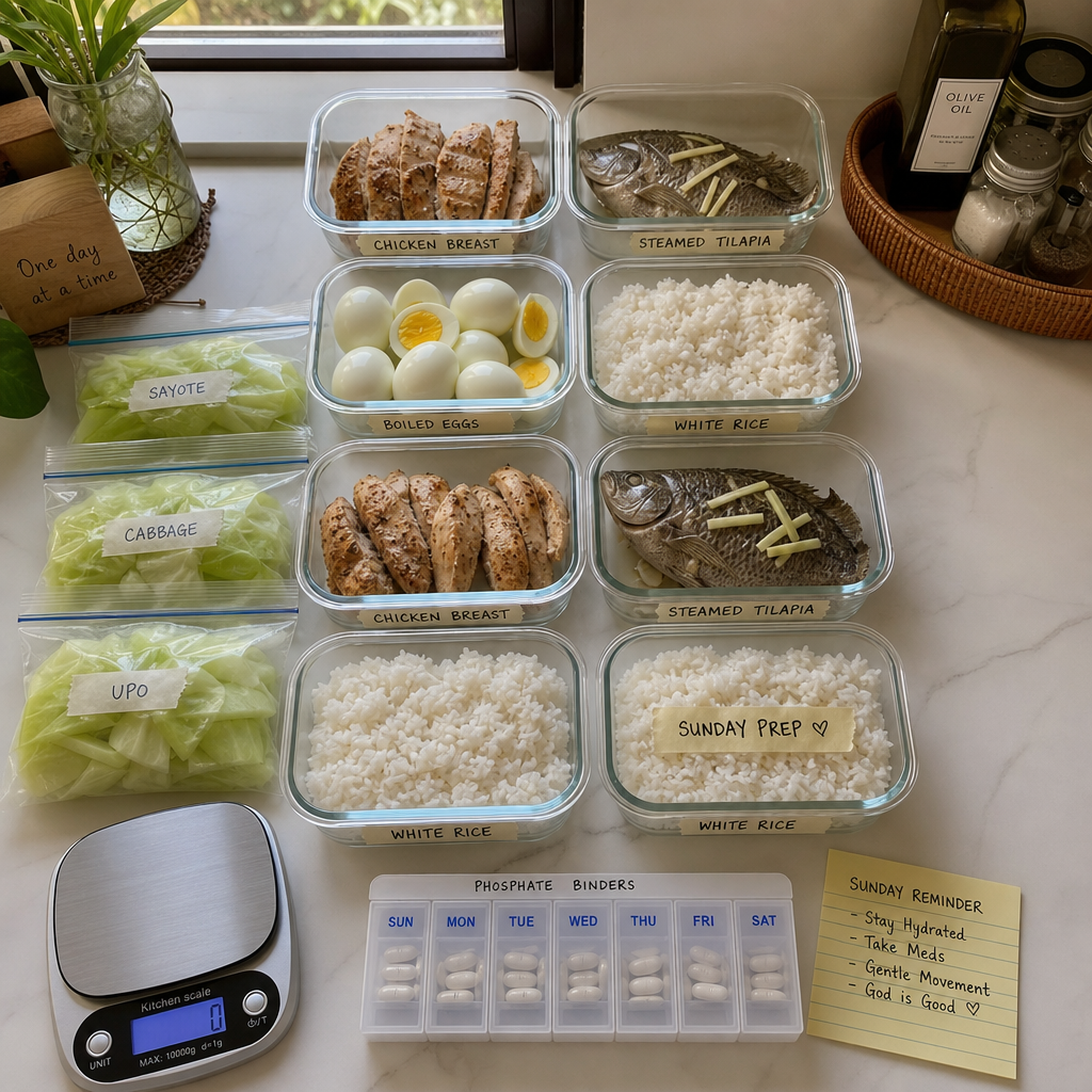 Filipino kitchen counter with labeled containers of batch-cooked CKD-safe meals for the week