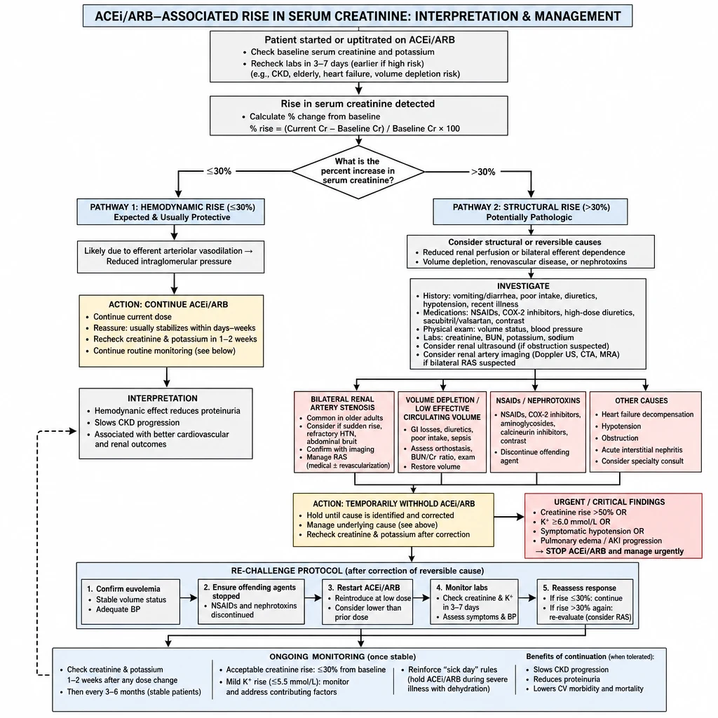 ACEi/ARB creatinine rise interpretation decision tree