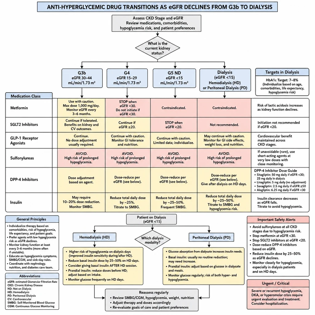 Anti-hyperglycemic drug transitions from CKD to dialysis