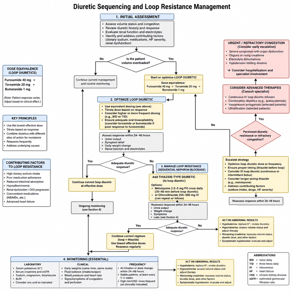 Diuretic sequencing and loop resistance management flowchart