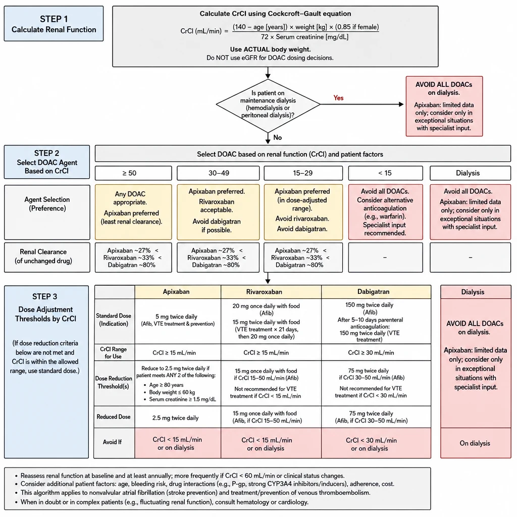 DOAC selection and dose adjustment in CKD decision tree