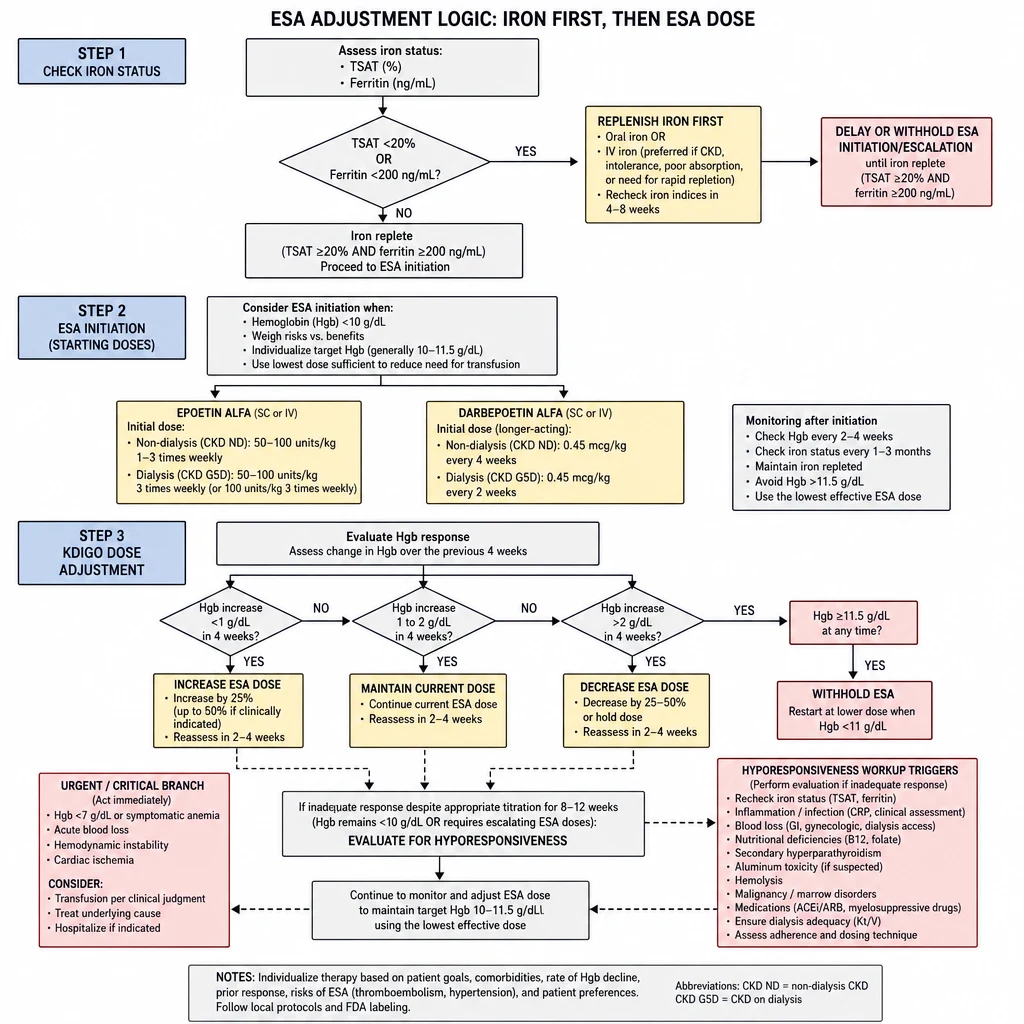 ESA adjustment logic flowchart — iron first, then dose