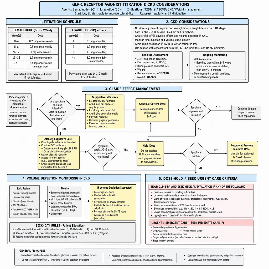 GLP-1 receptor agonist titration and CKD considerations flowchart