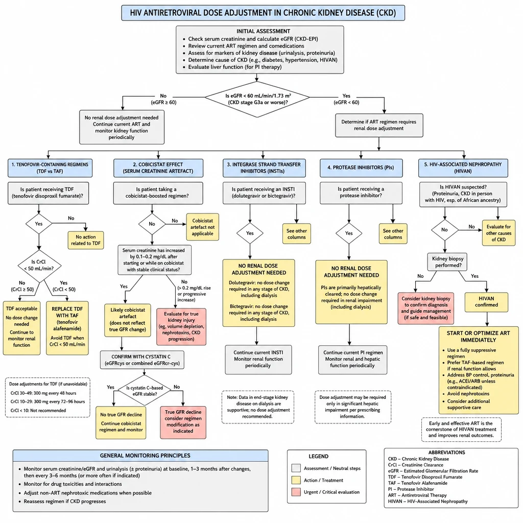 HIV antiretroviral dose adjustment in CKD decision tree