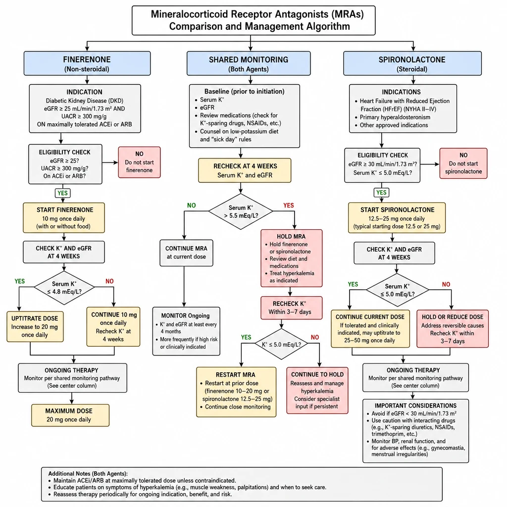 Finerenone vs Spironolactone comparison flowchart