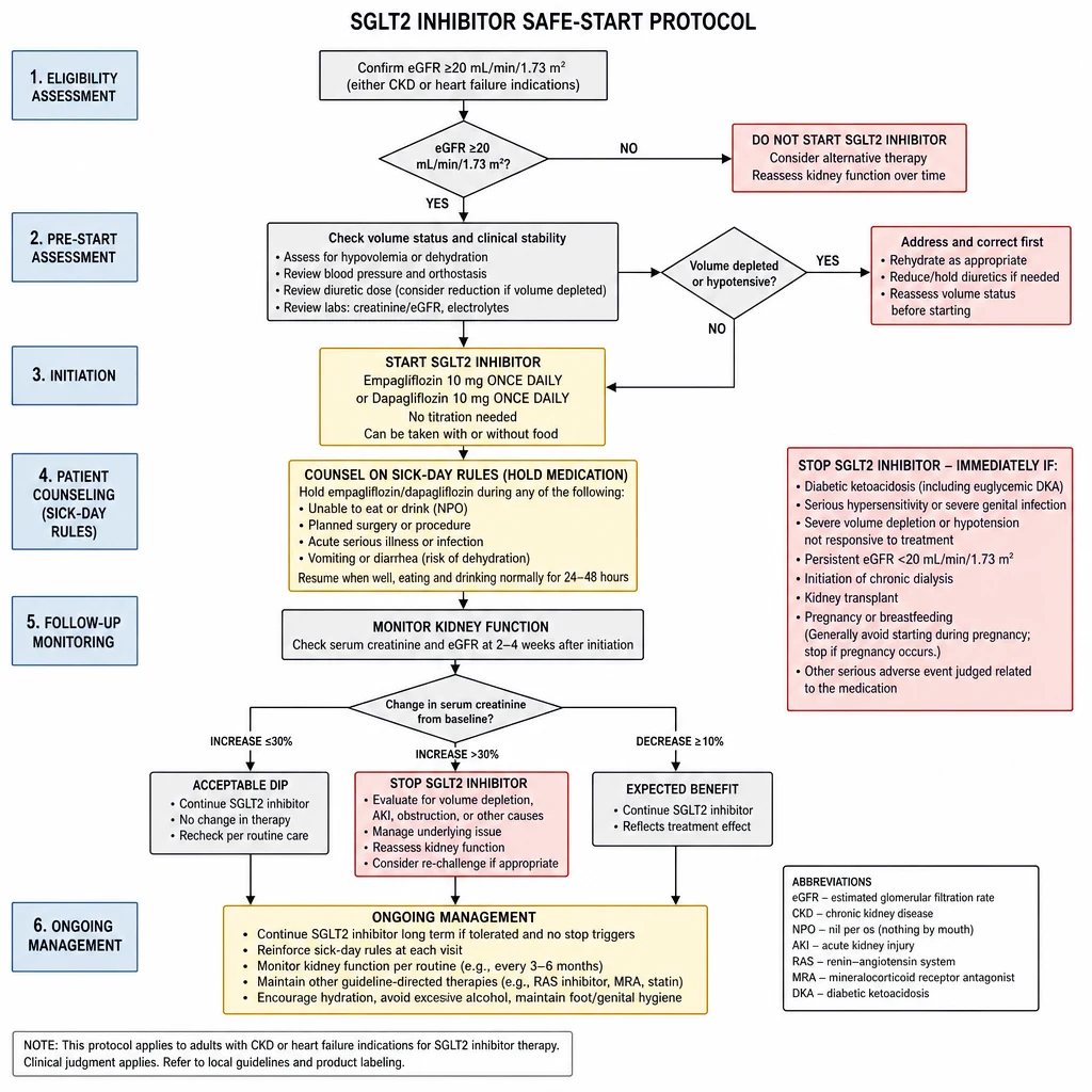 SGLT2 inhibitor safe-start protocol flowchart