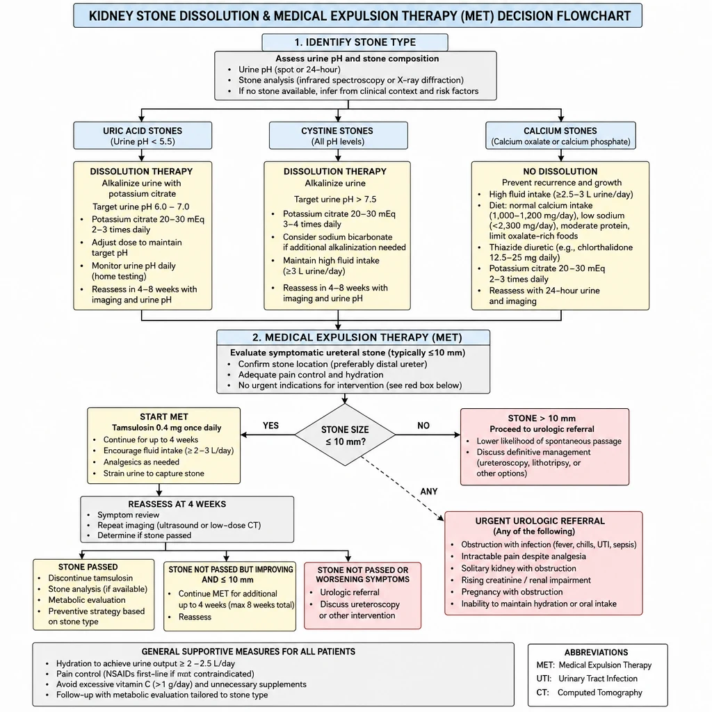 Kidney stone dissolution and medical expulsion therapy decision flowchart