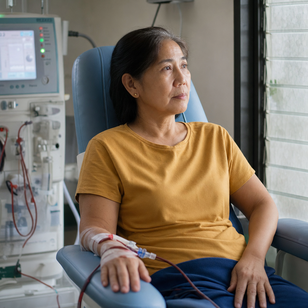 Filipino woman in her 50s sitting quietly in a dialysis chair, looking out a window with a contemplative expression — the emotional weight of CKD