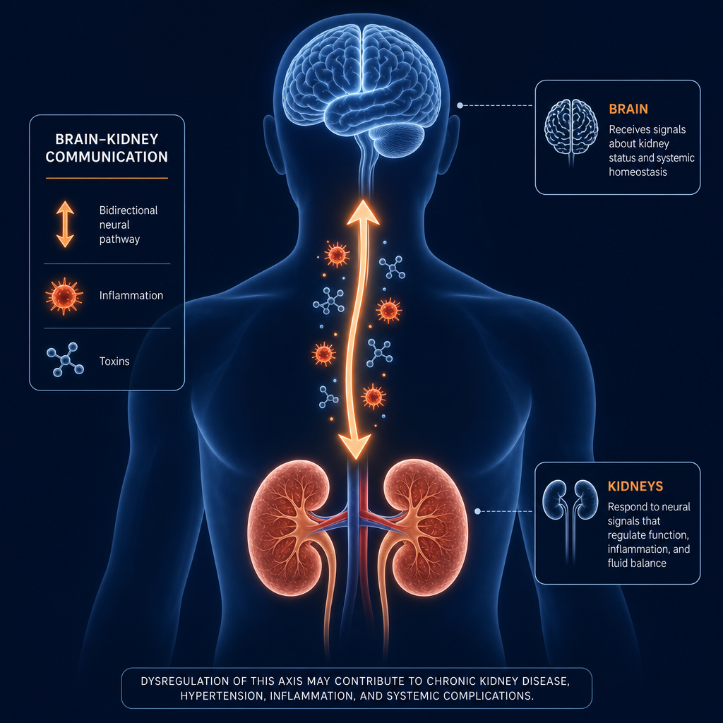 Medical illustration of the kidney-brain axis — kidneys connected to the brain by a neural pathway with inflammation and toxin molecule icons