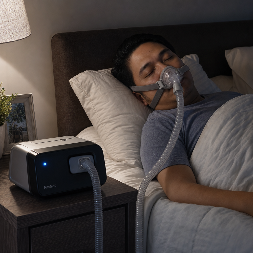 Filipino man sleeping peacefully in bed wearing a CPAP mask connected to a CPAP machine on the nightstand