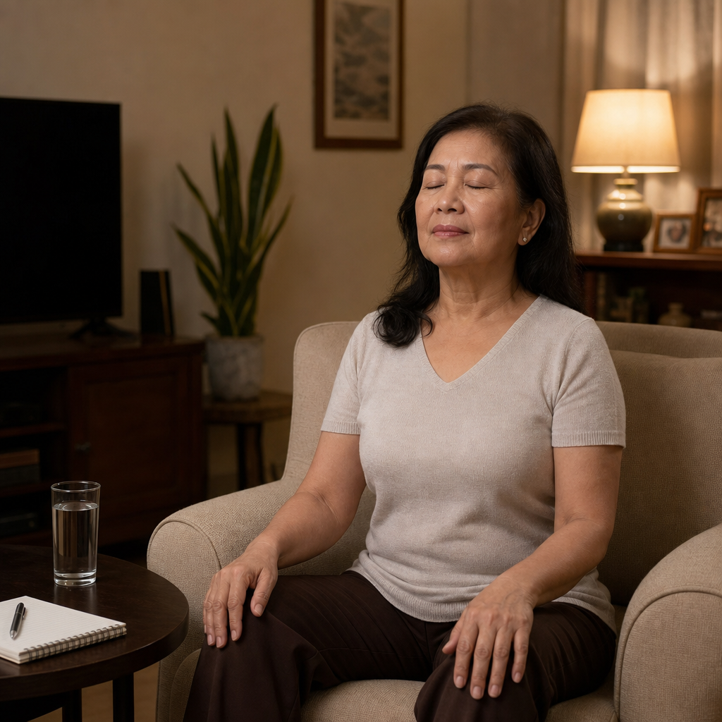 Filipino woman in her late 50s doing a breathing exercise in a softly lit living room in the evening, with a glass of water and notebook nearby