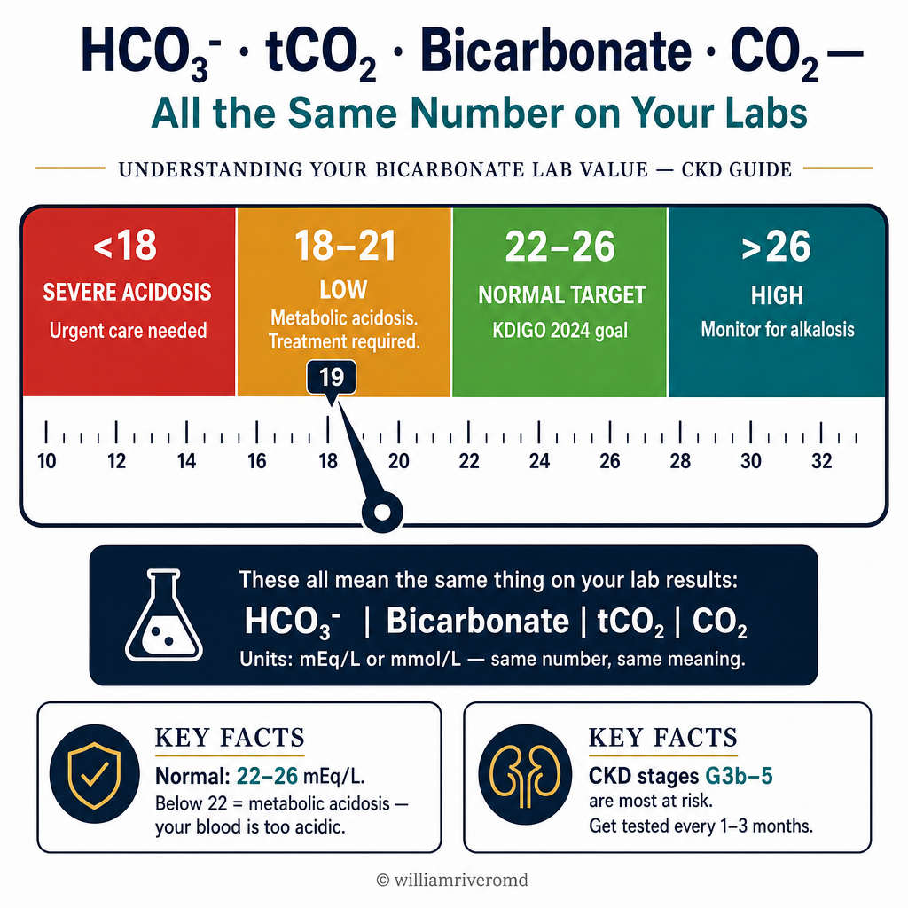 Bicarbonate lab value explainer — horizontal gauge showing severe acidosis below 18, metabolic acidosis 18–21, normal target 22–26 mEq/L, and notes that HCO₃⁻, tCO₂, bicarbonate, and CO₂ are all the same value on your labs