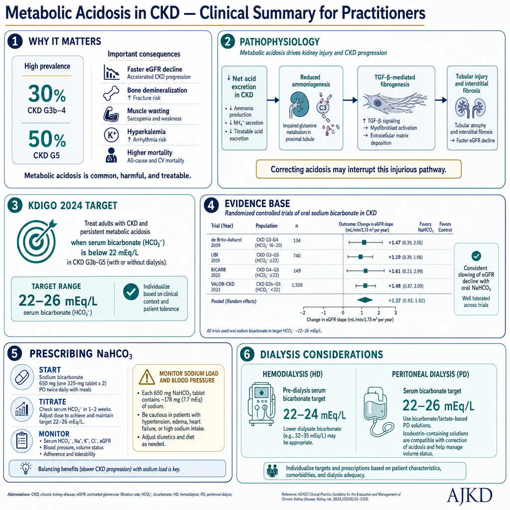 Metabolic Acidosis in CKD — Clinical Summary for Practitioners. KDIGO 2024 target HCO3 22-26 mEq/L; treat persistent <22 in CKD G3b-5 not on dialysis. Burden, pathophysiology (ammoniagenesis, complement activation, TGF-beta fibrogenesis, bone/muscle/potassium effects), diagnostic approach with Winter's formula, evidence base (de Brito-Ashurst 2009, UBI 2019, BiCARB 2020, VALOR-CKD 2023), prescribing sodium bicarbonate (650 mg PO BID start, titrate to target, sodium load), pitfalls and dialysis considerations (HD pre-HCO3 22-24, PD 22-26), clinical pearls