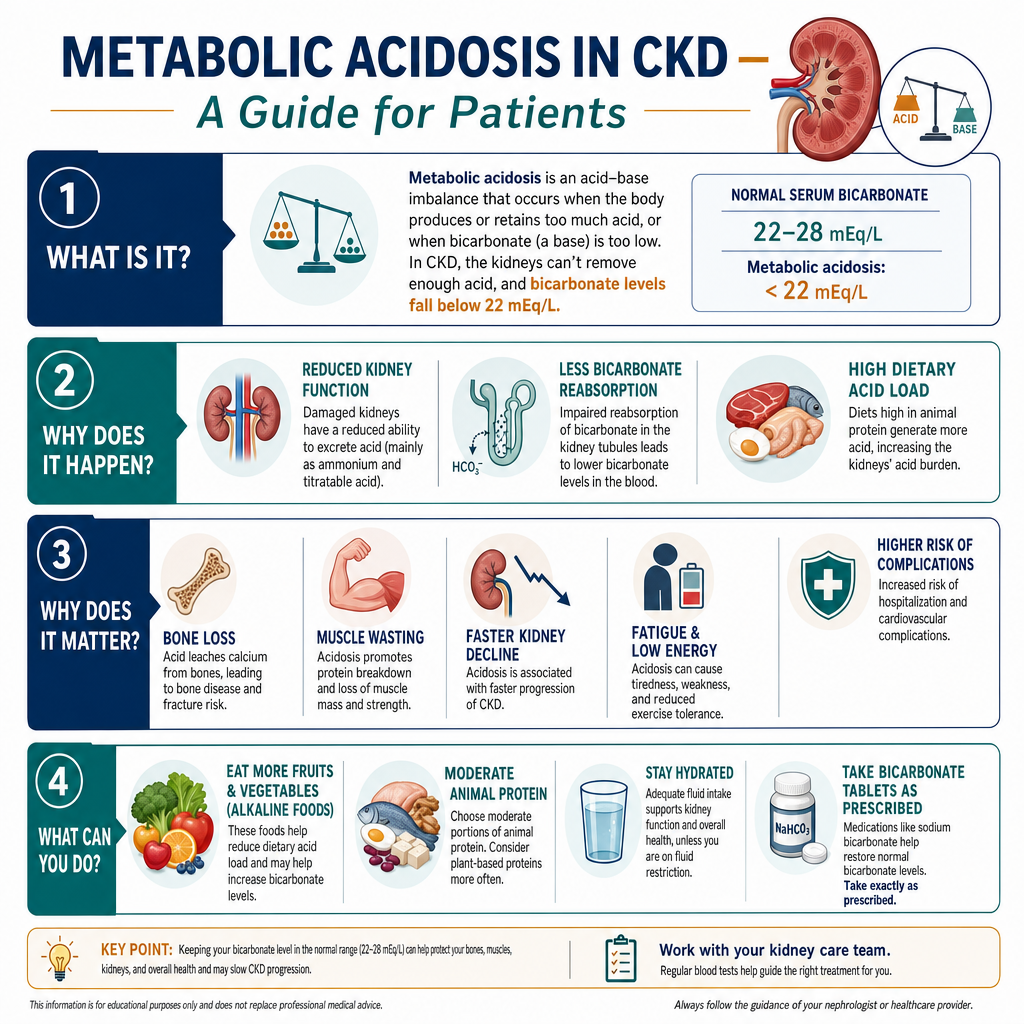 Metabolic Acidosis in CKD — A Guide for Patients: what it is (acid-base balance), why it happens (reduced kidney function, less bicarbonate reabsorption, dietary acid load), why it matters (bone loss, muscle loss, faster kidney decline, complications, fatigue), what you can do (more fruits and vegetables, moderate animal protein, hydration), and bicarbonate therapy treatment
