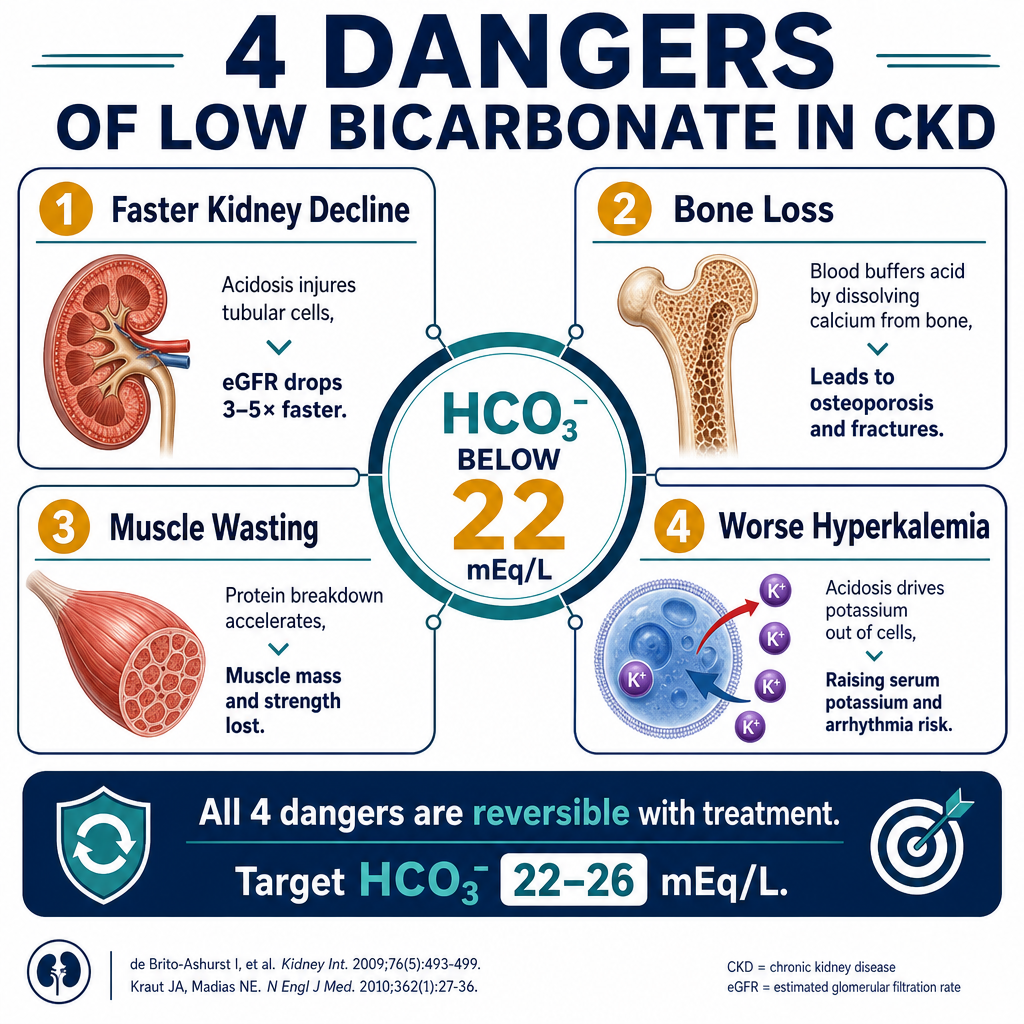 Four dangers of low bicarbonate in CKD — faster kidney decline, bone loss, muscle wasting, and worse hyperkalemia radiating from a central circle showing bicarbonate below 22 mEq/L