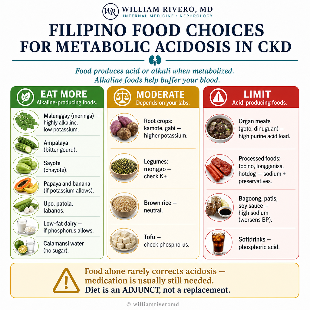Filipino food choices for metabolic acidosis — three columns: eat more (malunggay, ampalaya, sayote, papaya), moderate (kamote, monggo), and limit (organ meats, bagoong, softdrinks, processed meats) with note that food is adjunct not replacement