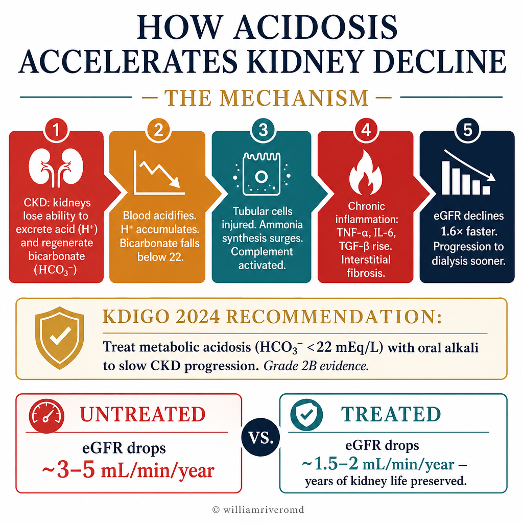 How acidosis accelerates CKD — flow diagram: CKD reduces acid excretion → blood acidifies → tubular injury → inflammation and fibrosis → faster eGFR decline; KDIGO 2024 recommends treating HCO₃⁻ below 22 mEq/L