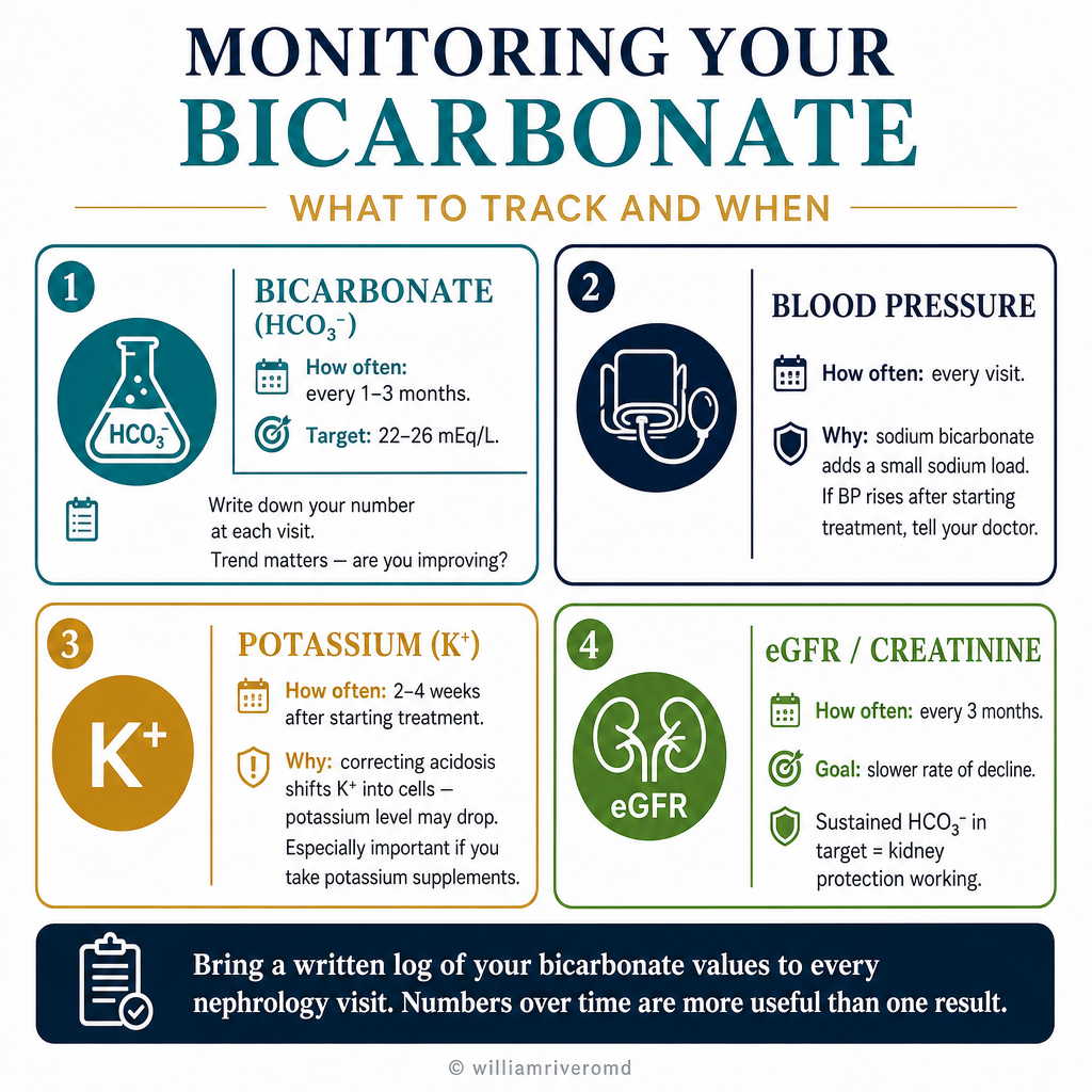 Monitoring guide for metabolic acidosis treatment — four cards: bicarbonate every 1–3 months target 22–26, blood pressure watch for sodium load, potassium recheck after starting treatment, eGFR track slowdown of CKD progression