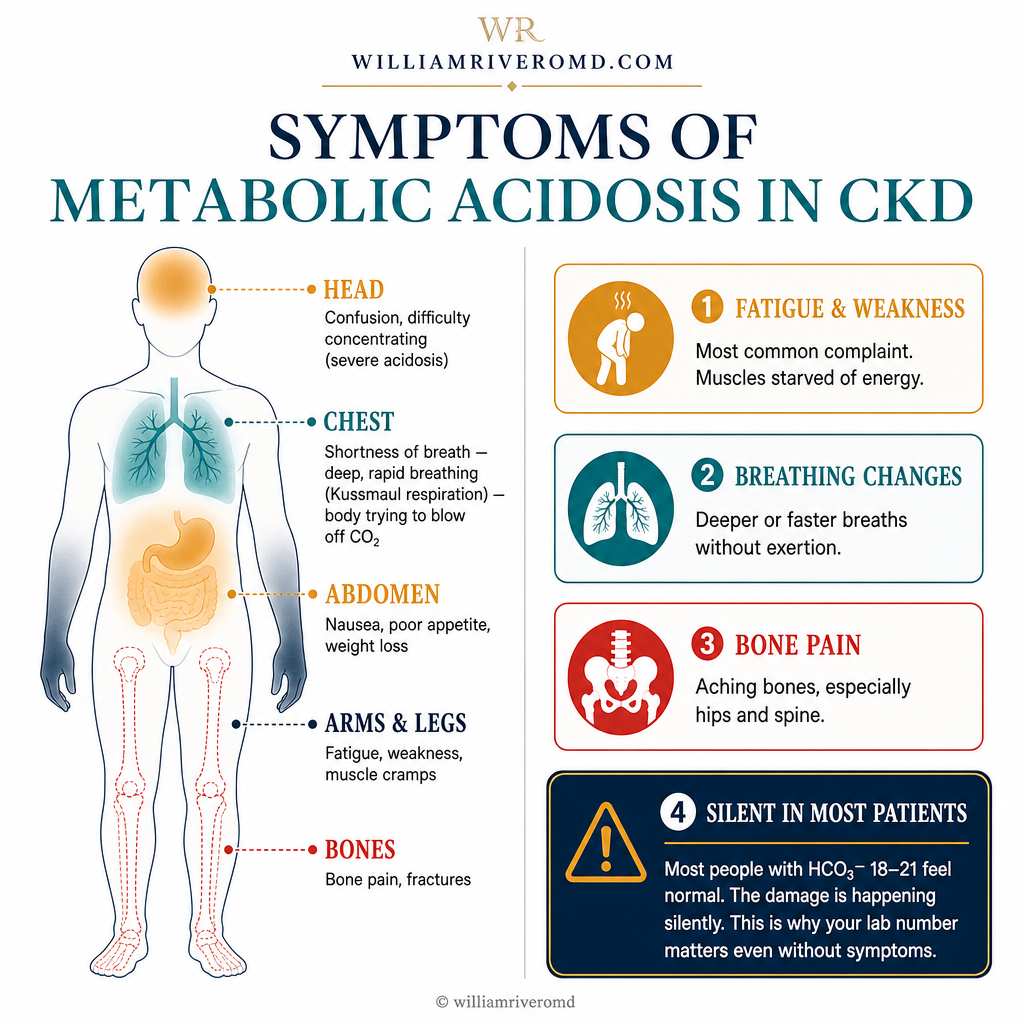 Symptoms of metabolic acidosis in CKD — body silhouette with fatigue, breathing changes, bone pain zones and a warning that most patients are silent until damage accumulates