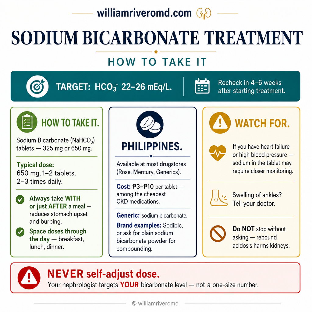Sodium bicarbonate treatment guide — dosing instructions (take with food), Philippines availability and cost in pesos, target HCO₃⁻ 22–26 mEq/L, and cautions for heart failure patients