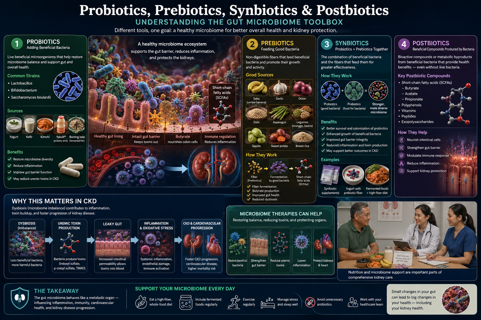 Probiotics, Prebiotics, Synbiotics and Postbiotics — Understanding the Gut Microbiome Toolbox, including CKD pathway and practical protocol