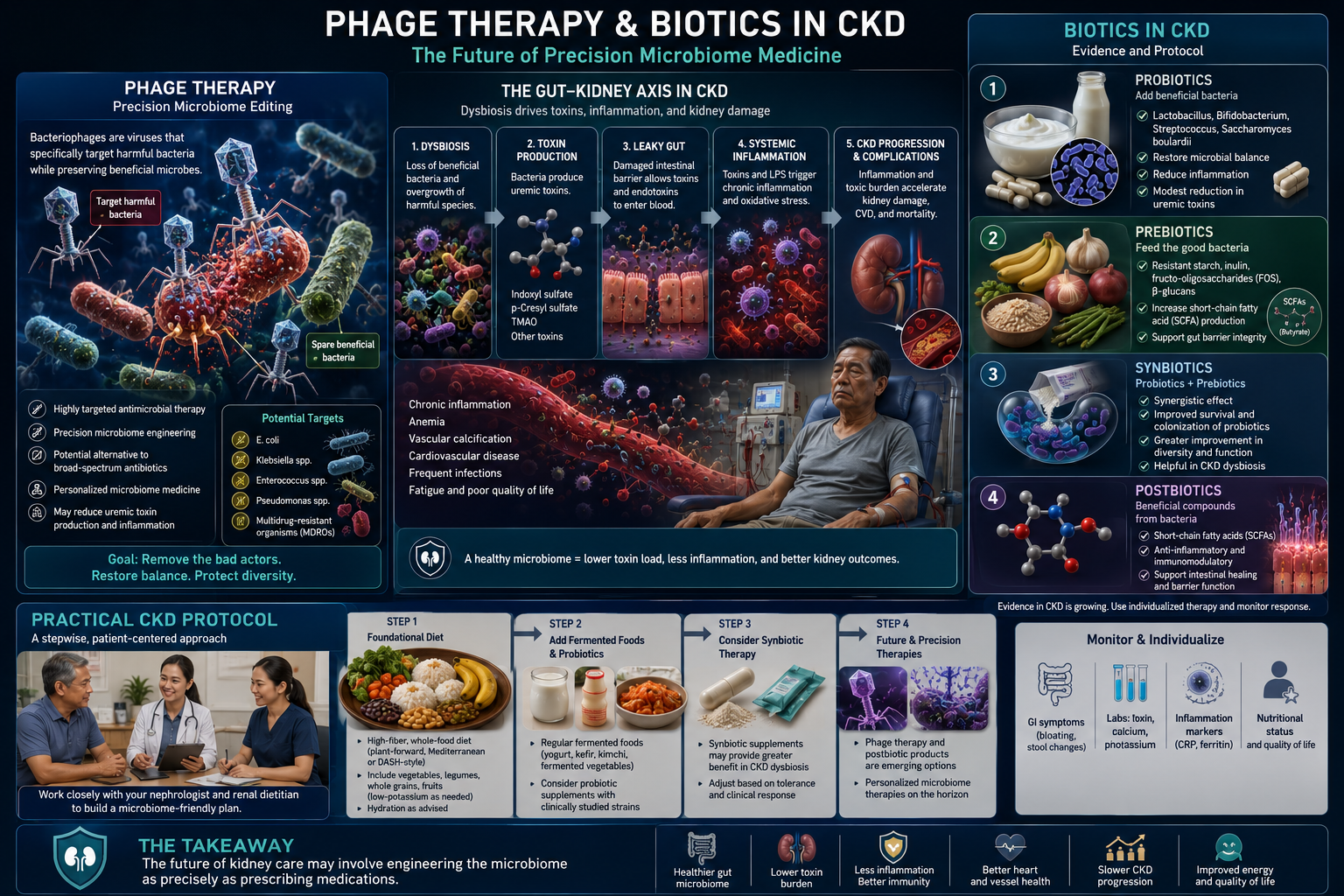 Phage Therapy and Biotics in CKD — gut-kidney axis, dysbiosis to toxin production, biotics evidence and practical CKD protocol