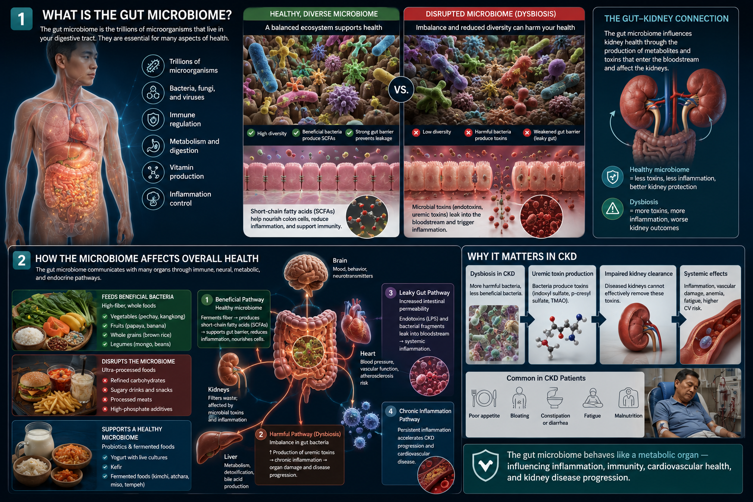 What Is the Gut Microbiome? — healthy vs disrupted microbiome, gut-kidney connection, how the microbiome affects overall health and CKD