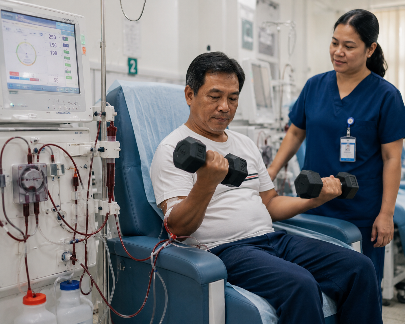 Filipino dialysis patient doing supervised resistance exercises with resistance bands during or between dialysis sessions
