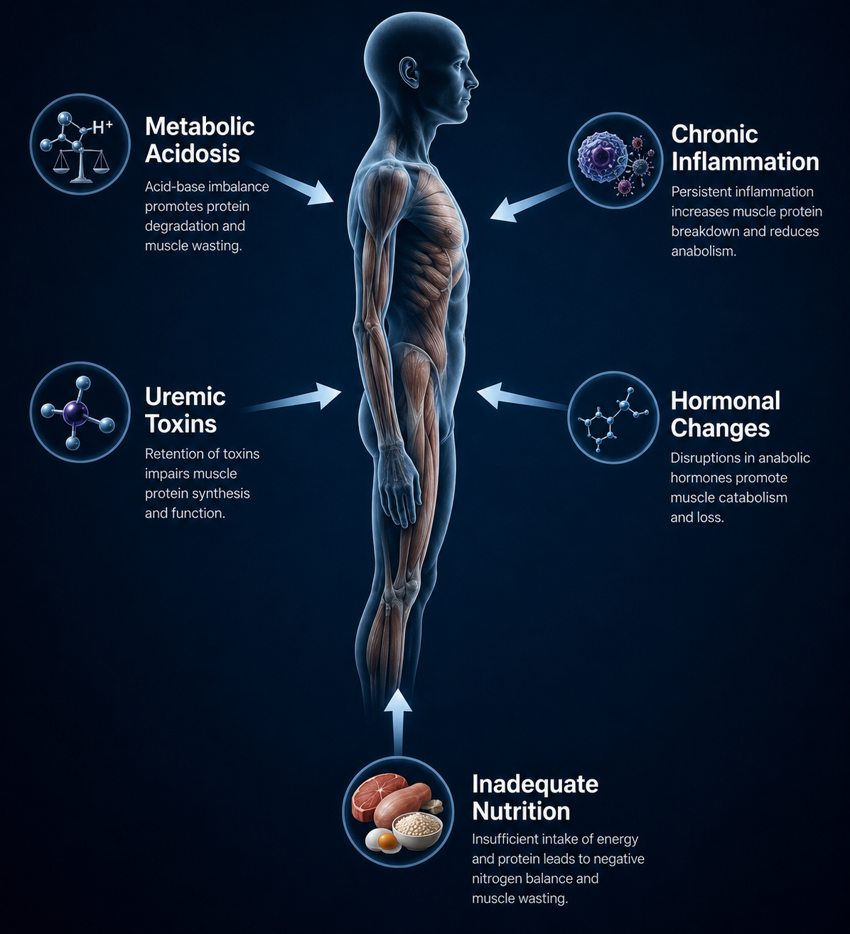 Diagram of five mechanisms driving muscle wasting in CKD including metabolic acidosis, inflammation, uremic toxins, hormonal changes, and poor nutrition