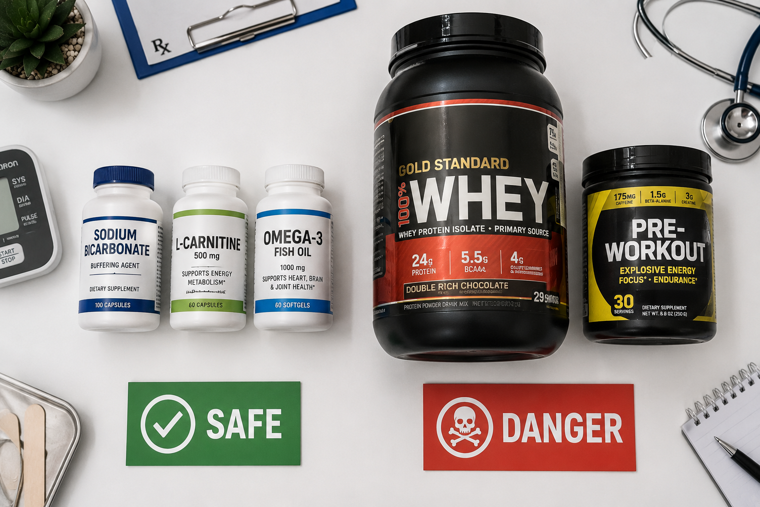 Safety grading chart of common muscle-building supplements for CKD patients from safe to dangerous