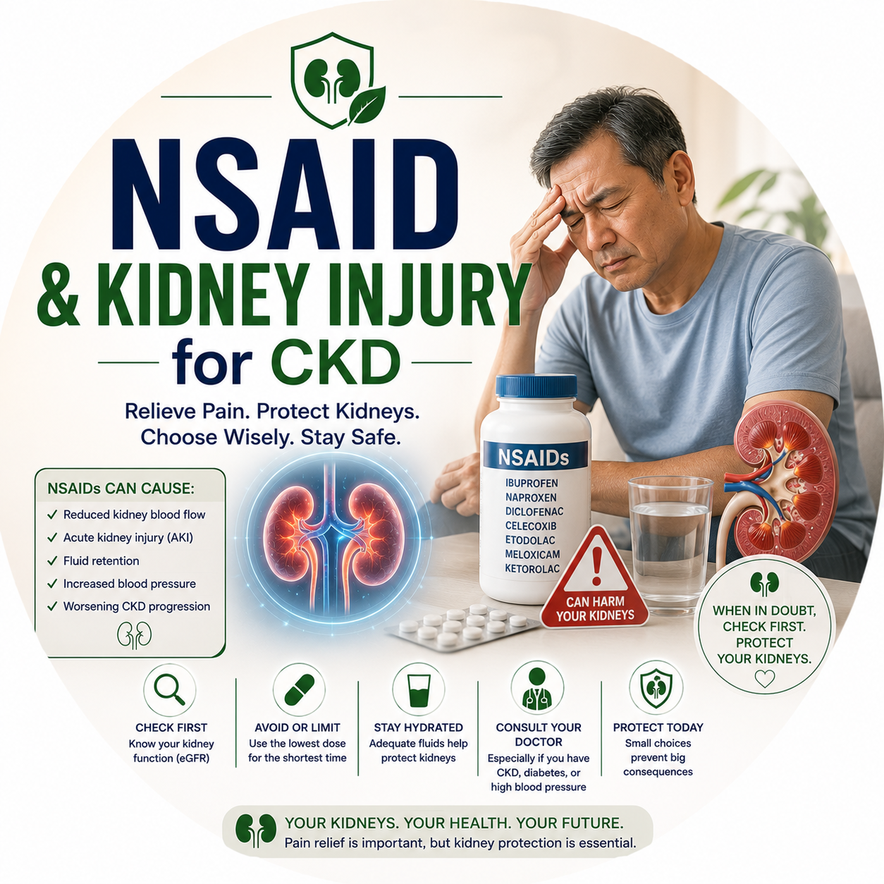 Circular vignette hero illustration for the NSAID kidney injury guide.