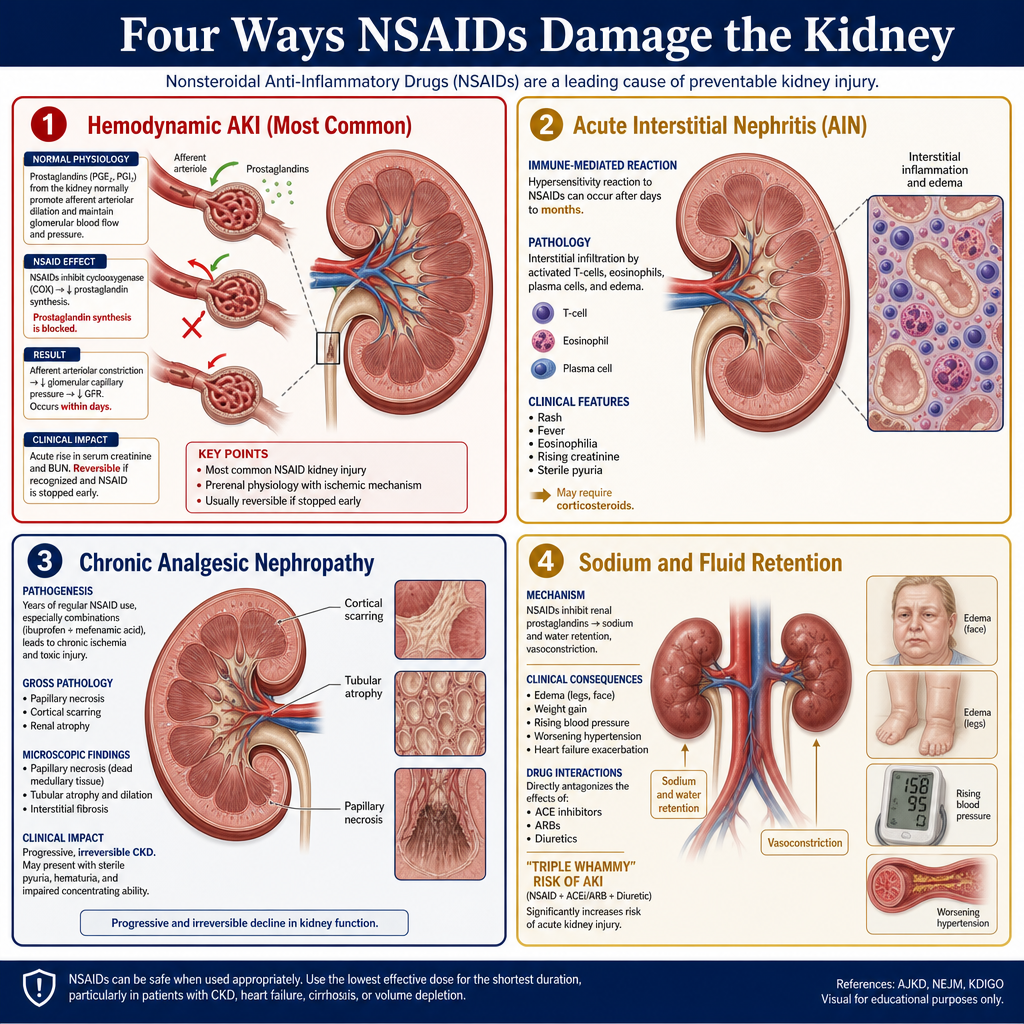 Four mechanisms of NSAID kidney injury — hemodynamic AKI, acute interstitial nephritis, papillary necrosis, and chronic analgesic nephropathy — clinical features and timeframes