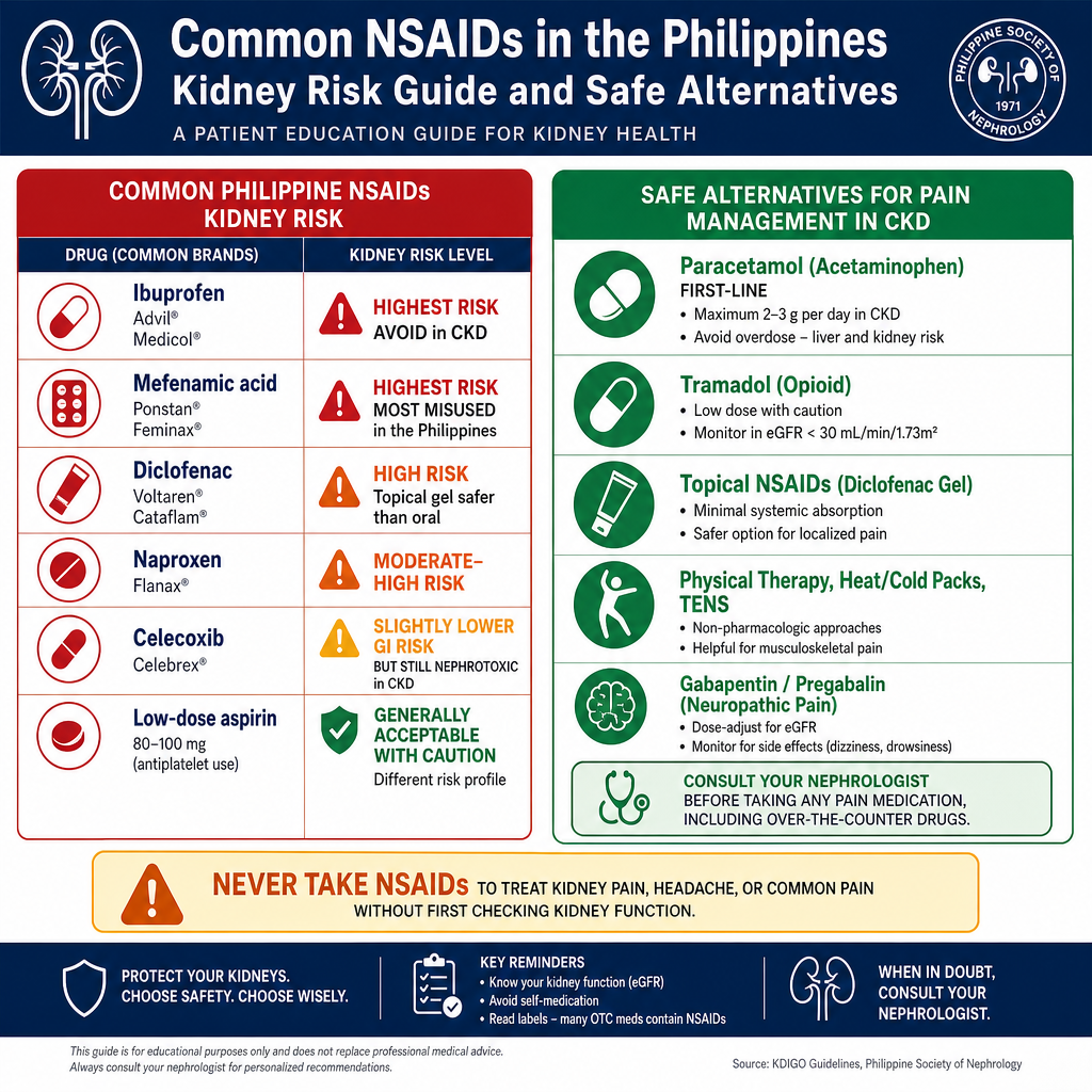 Common NSAIDs in the Philippines and their kidney risk — mefenamic acid (Ponstan), ibuprofen, diclofenac, naproxen, celecoxib — with safer alternatives for CKD patients