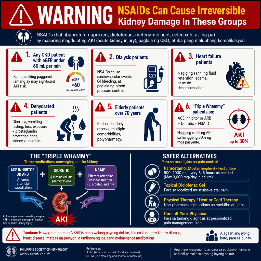 Who should never use NSAIDs — high-risk groups: CKD patients, elderly, diabetics, heart failure, dehydration, triple whammy drug combinations — clinical risk stratification guide